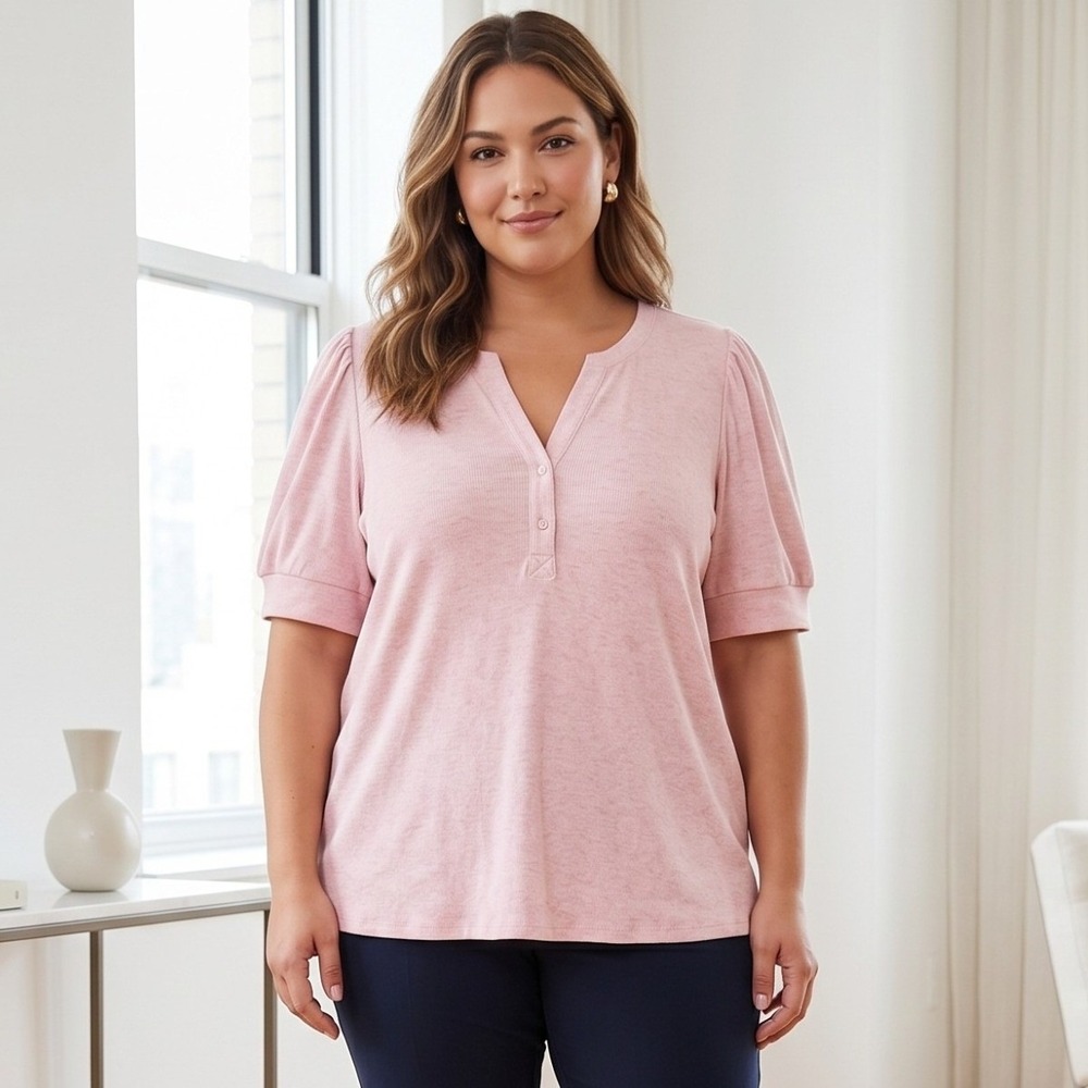 Daily Thread Ribbed Top Womens 3X Pink Heather Puff Sleeve Split V Neck Henley